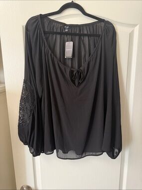 torrid Black Peasant Tie-Front Blouse with Lace Elbow Detail